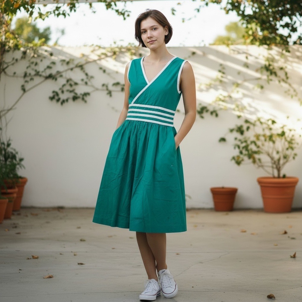 Vintage Lanz Originals Teal Green White Striped Cotton Midi Dress Pockets Sz 10
